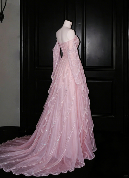 Gentle A Line Off the Shoulder Layered Beaded Pink Organza Long Prom Dress Evening Dress DP2655