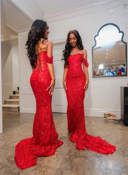 Sexy Charming Mermaid Off the Shoulder Beaded Sequin Long Sweep Prom Dress DP5054