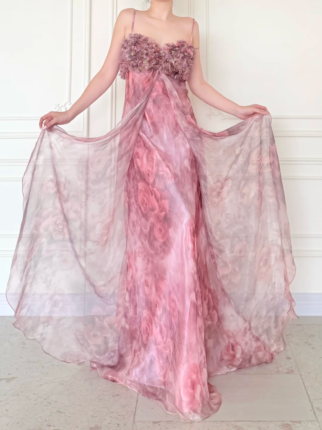 Pink Print Floral A Line Straps Chiffon Long Prom Dress Evening Dress DP5471