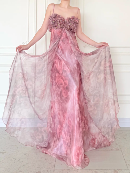 Pink Print Floral A Line Straps Chiffon Long Prom Dress Evening Dress DP5471