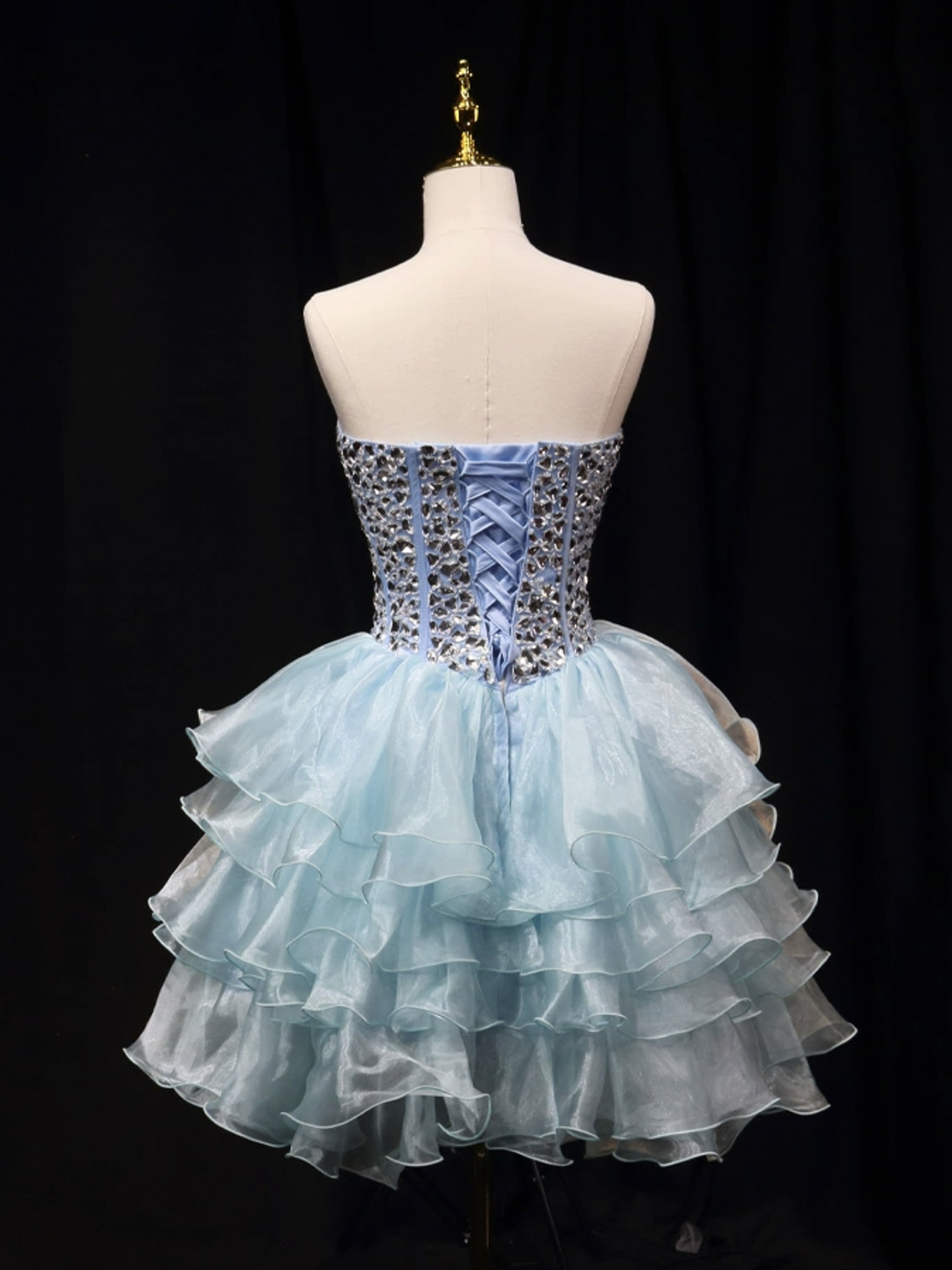 Luxurious Blue Tulle Beaded Short Party Dress Strapless Homecoming Dress DP565