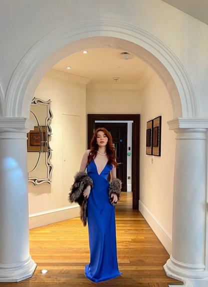 Royal Blue Sheath Spaghetti Strap Satin Prom Dress Date Dress DP4289