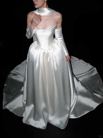 Elegant Ball Gown Strapless White Satin Long Train Wedding Dress DP8086