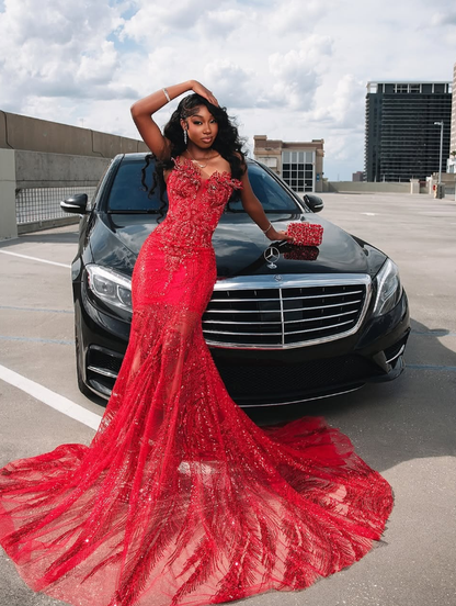 Stunning Red Mermaid Strapless Luxurious Beaded Sequin Tulle Long Prom Dress DP5057