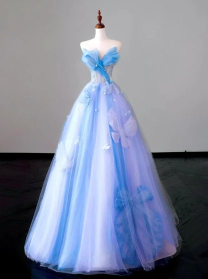 Blue-purple Ombre Ball Gown Strapless Butterfly Tulle Prom Dress Quinceanera Dress DP6613