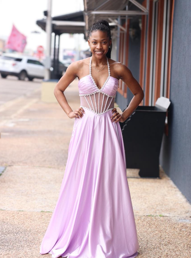 Pink A Line Halter Beaded Corset Satin Backless Prom Dress Party Evening Dress DP6303
