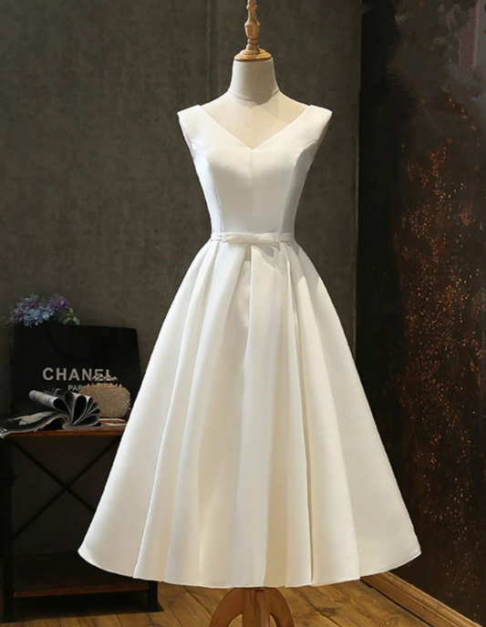 Simple A Line V Neck White Satin Short Homecoming Dress DP1056