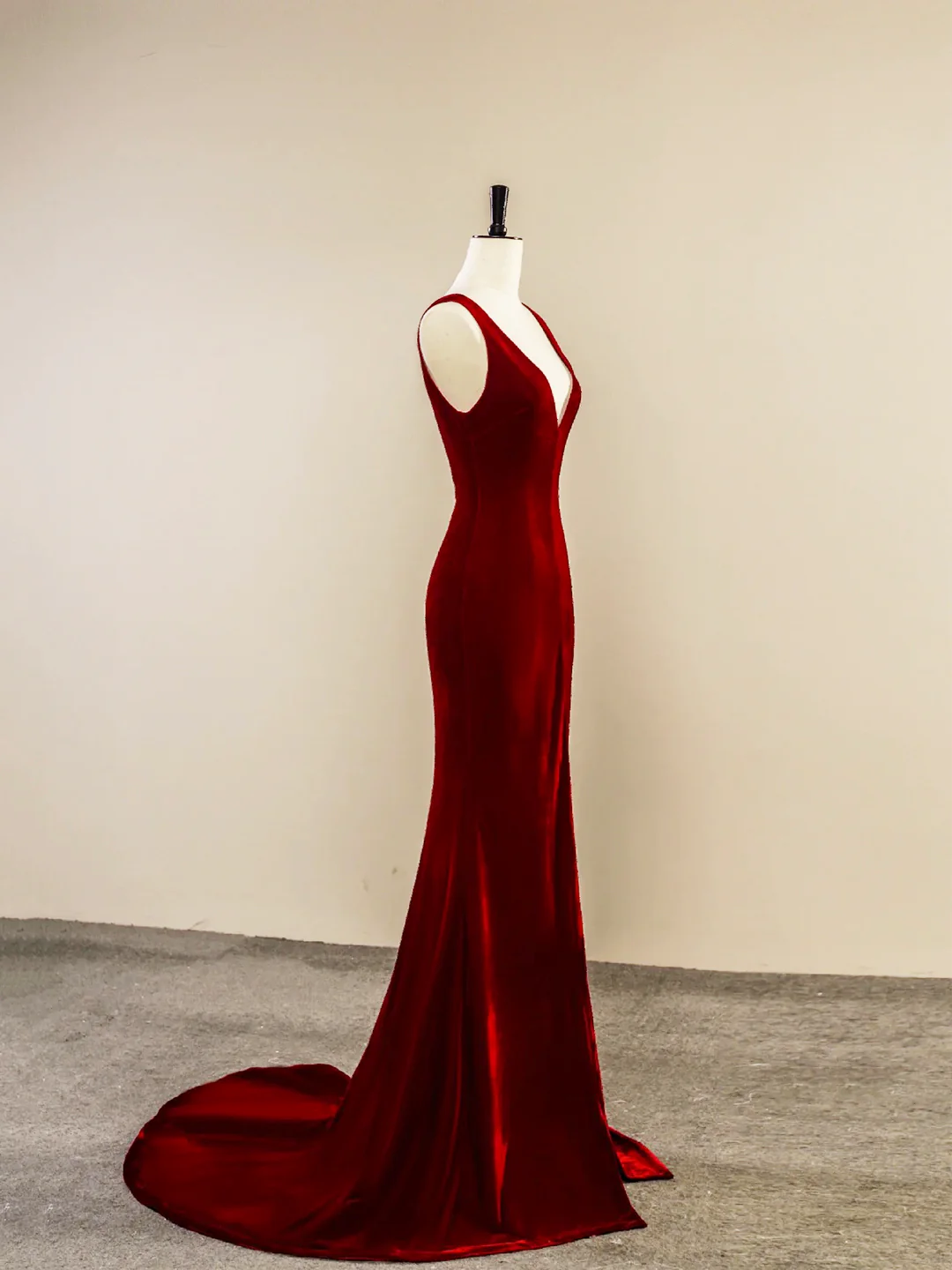 Burgundy V-Neck Velvet Long Prom Dress Mermaid Backless Evening Dress DP257