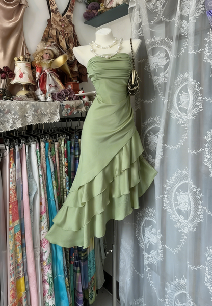 Vintage Mermaid Strapless Champagne Layered Satin Outfits Dress DP4855