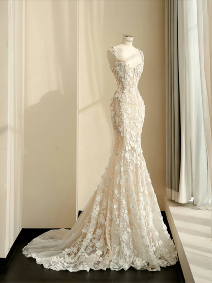 Romantic Mermaid Spaghetti Straps Appliques White Tulle Prom Dress Graduation Prom Dress DP2105