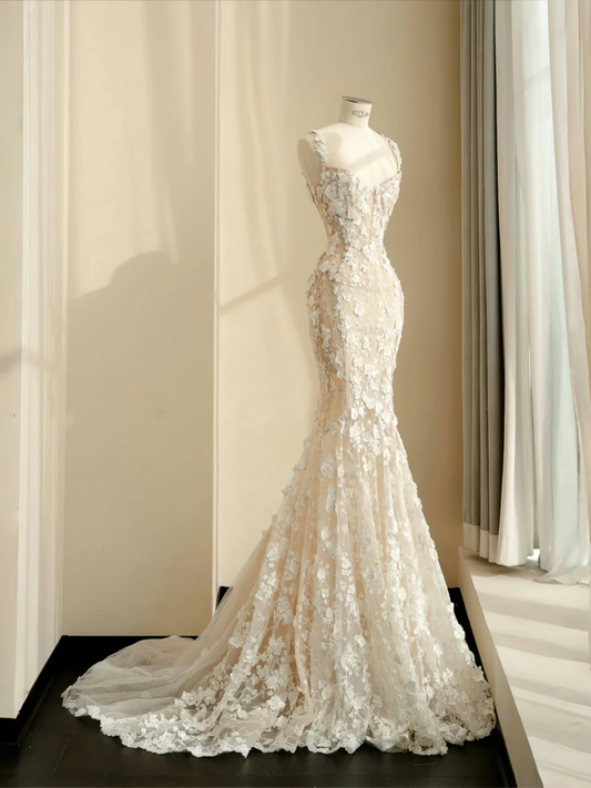 Romantic Mermaid Spaghetti Straps Appliques White Tulle Prom Dress Graduation Prom Dress DP2105