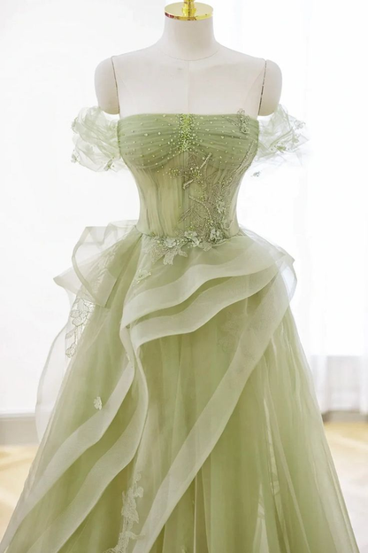 Light Green Tulle Appliques Beaded  Long Prom Dress Formal Evening Dress DP017