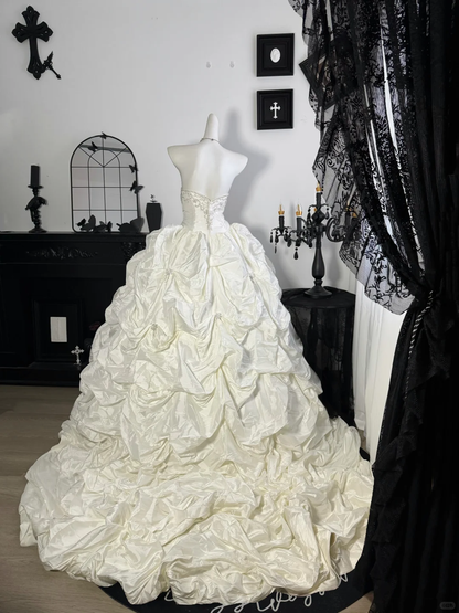 Vintage Ball Gown Strapless Beaded White Pleated Satin Prom Dress Wedding Dress DP6987