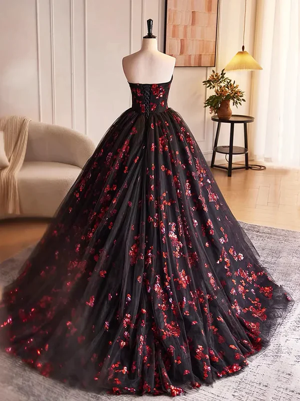 Floral Print Satin Tulle Long Strapless Prom Dress Formal Sweet 16 Ball Gown Quinceanera Dress DP016