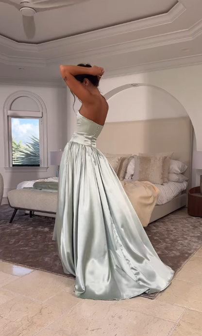 Princess A Line Strapless Green Bow Satin Prom Dress Evening Dress DP4406
