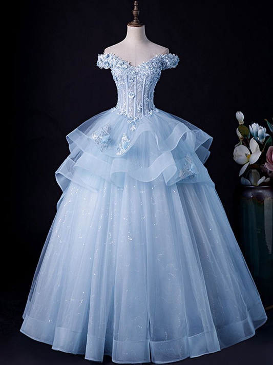 Blue A-Line Lace Tulle Long Prom Dress Formal Evening Dress DP154