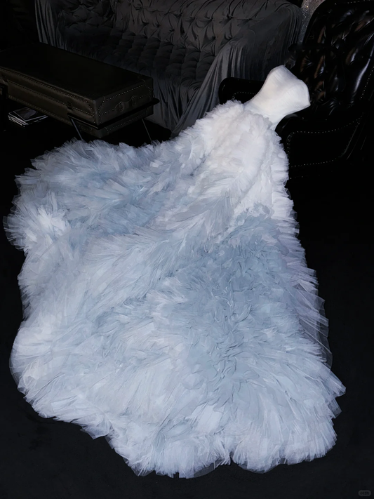 Unique A Line Strapless Blue White Ombre Tulle Long Party Dress Evening Dress DP2430