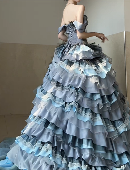 Grey Ball Gown Off the Shoulder Exquisite Beaded Layered Satin Prom Dress Graduation Ball Gown DP4580
