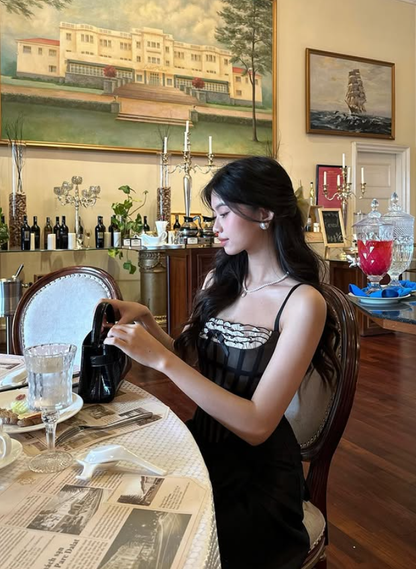 Cute A Line Spaghetti Strap Corset Black Satin Prom Dress 16th Birthday Dress DP3971