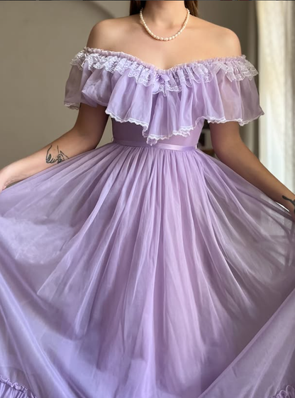 Vintage A Line Off the Shoulder Lilac Tulle Prom Dress Evening Dress Date Dress DP5708