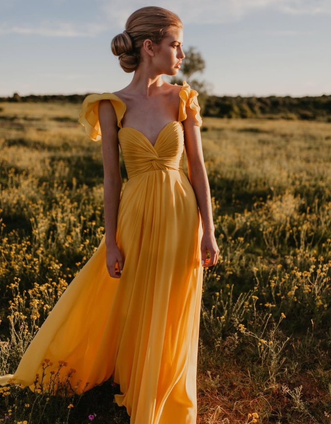 Charming A Line Straps Yellow Chiffon Long Party Dress Evening Dress DP2347