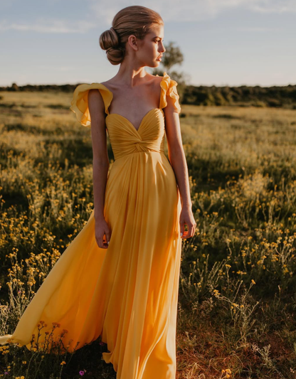 Charming A Line Straps Yellow Chiffon Long Party Dress Evening Dress DP2347