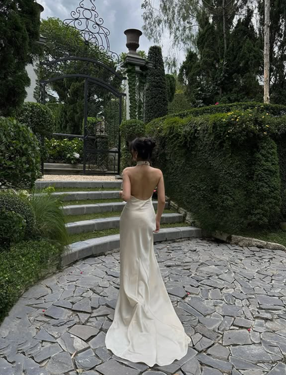 Elegant Mermaid Halter White Satin Open Back Prom Dress 16th Birthday Dress Long Sweep DP3972