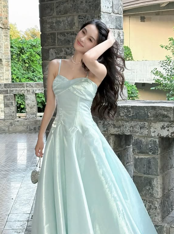 Dreamy A Line Spaghetti Straps Satin Long Graduation Prom Dress DP4880