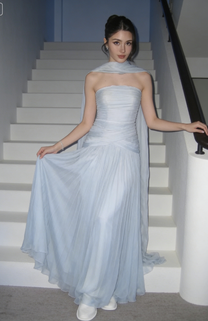Baby Blue A Line Strapless Pleated Chiffon Long Prom Dress Party Dress DP2582