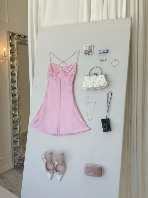 Cute Pink A Line Spaghetti Strap Sequin Satin Mini Homecoming Dress Cocktail Dress DP6410