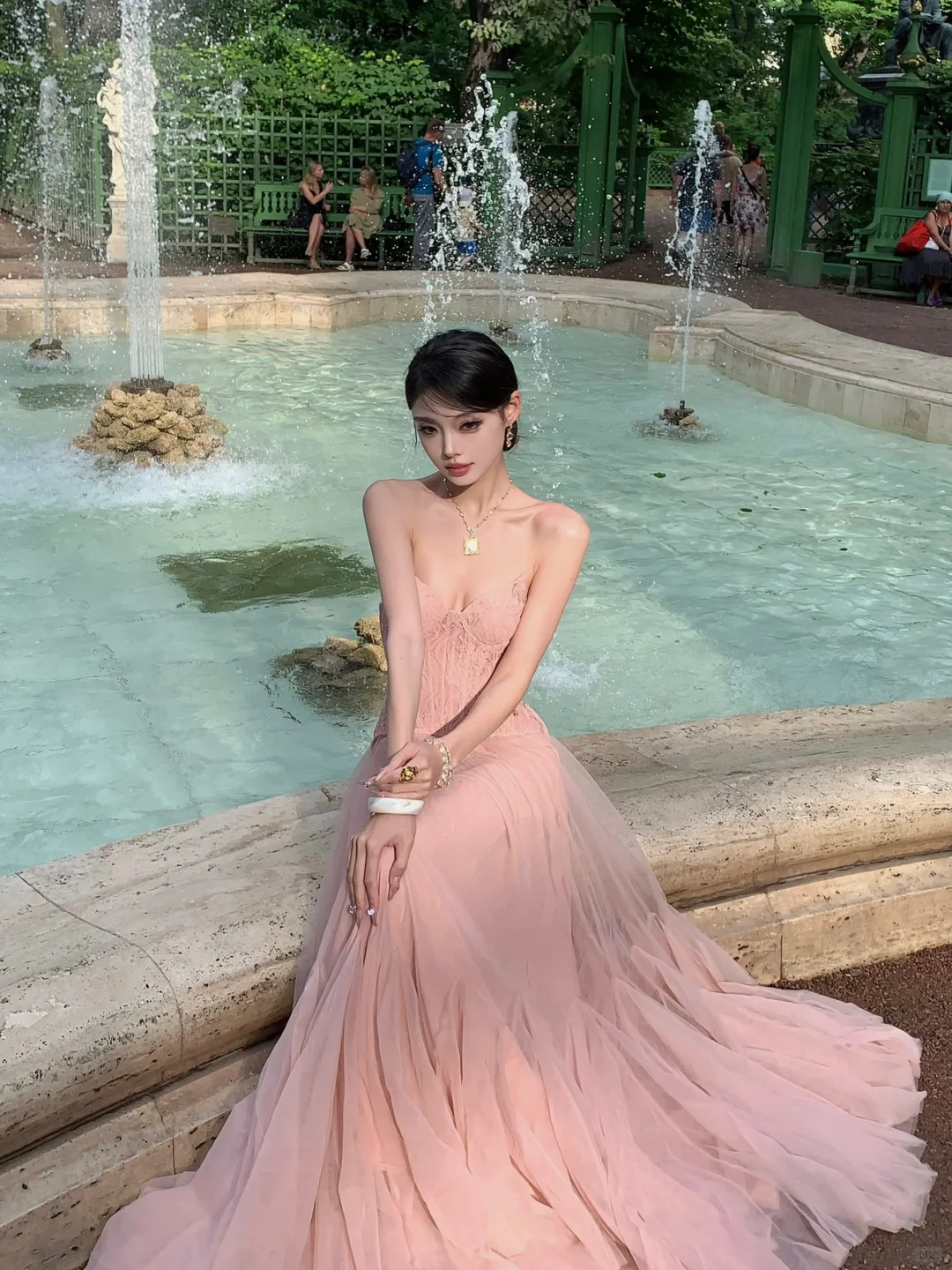 Gentle A Line Strapless Pink Lace Tulle Long Prom Dress Party Dress DP3965