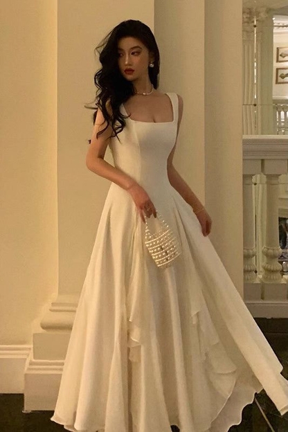 White Elegant Irregular Chiffon Hem Long Prom Dress Evening Dress DP695