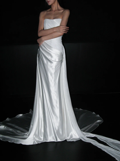Beautiful Sheath Strapless Pleated Tulle Satin Long Wedding Dress DP8109