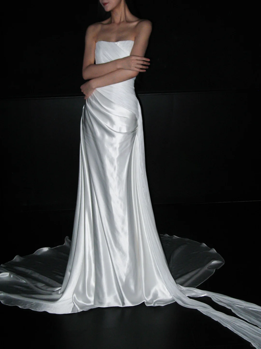 Beautiful Sheath Strapless Pleated Tulle Satin Long Wedding Dress DP8109