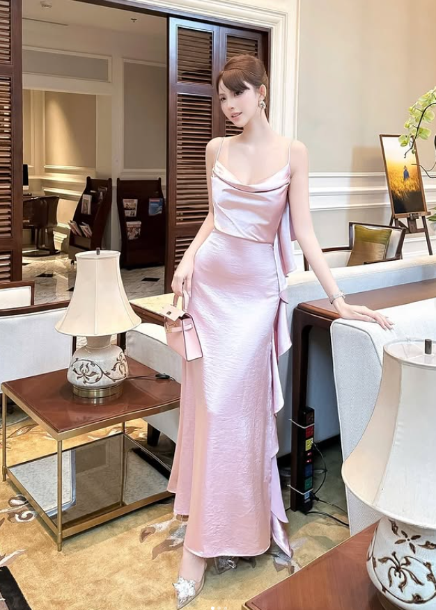 Pretty A Line Spaghetti Strap Ruffle Pink Satin Backless Prom Dress Evening Dress DP5921