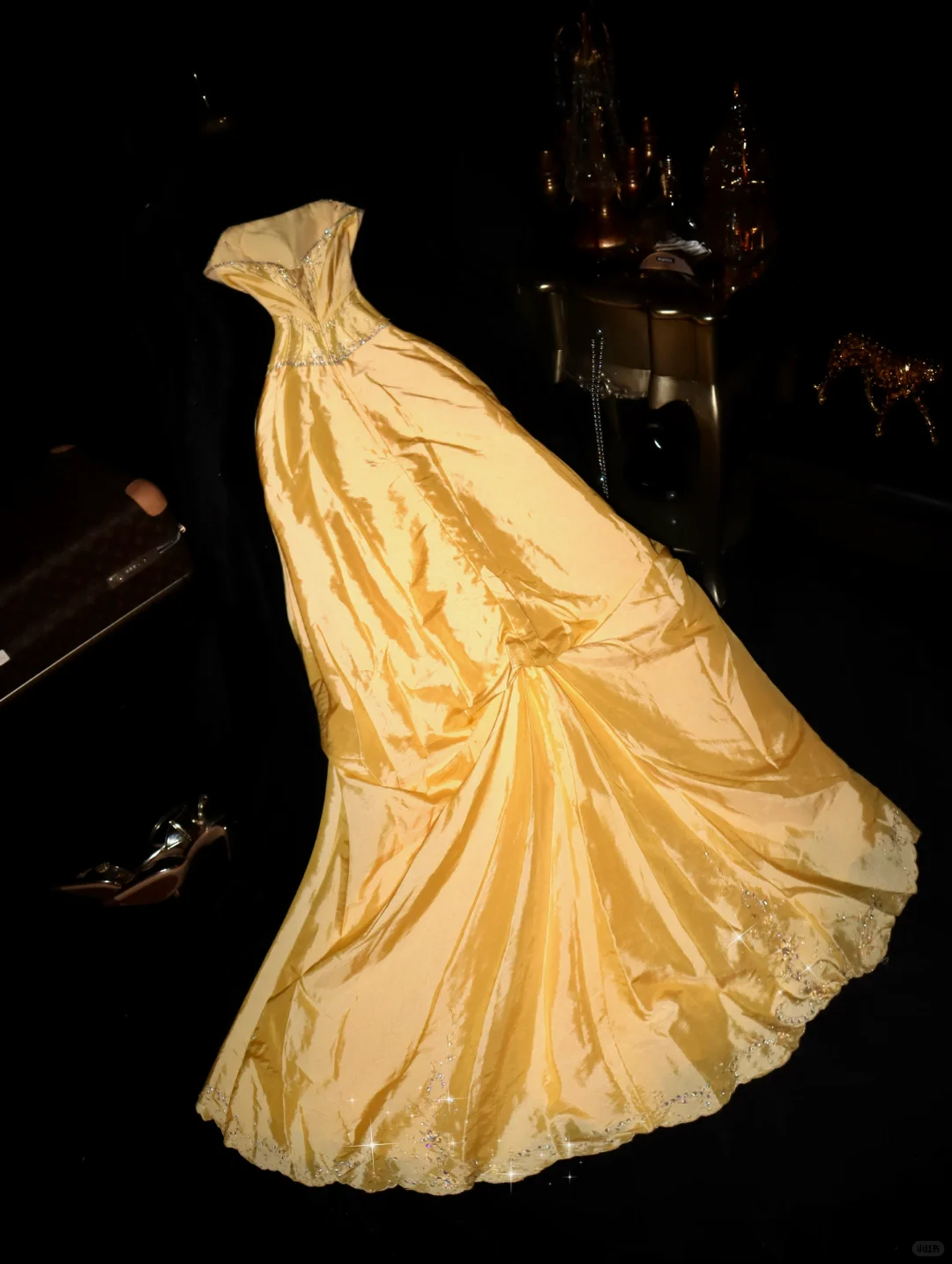 Bright Yellow A Line Strapless Beaded Satin Prom Dress Party Evening Dress DP5343
