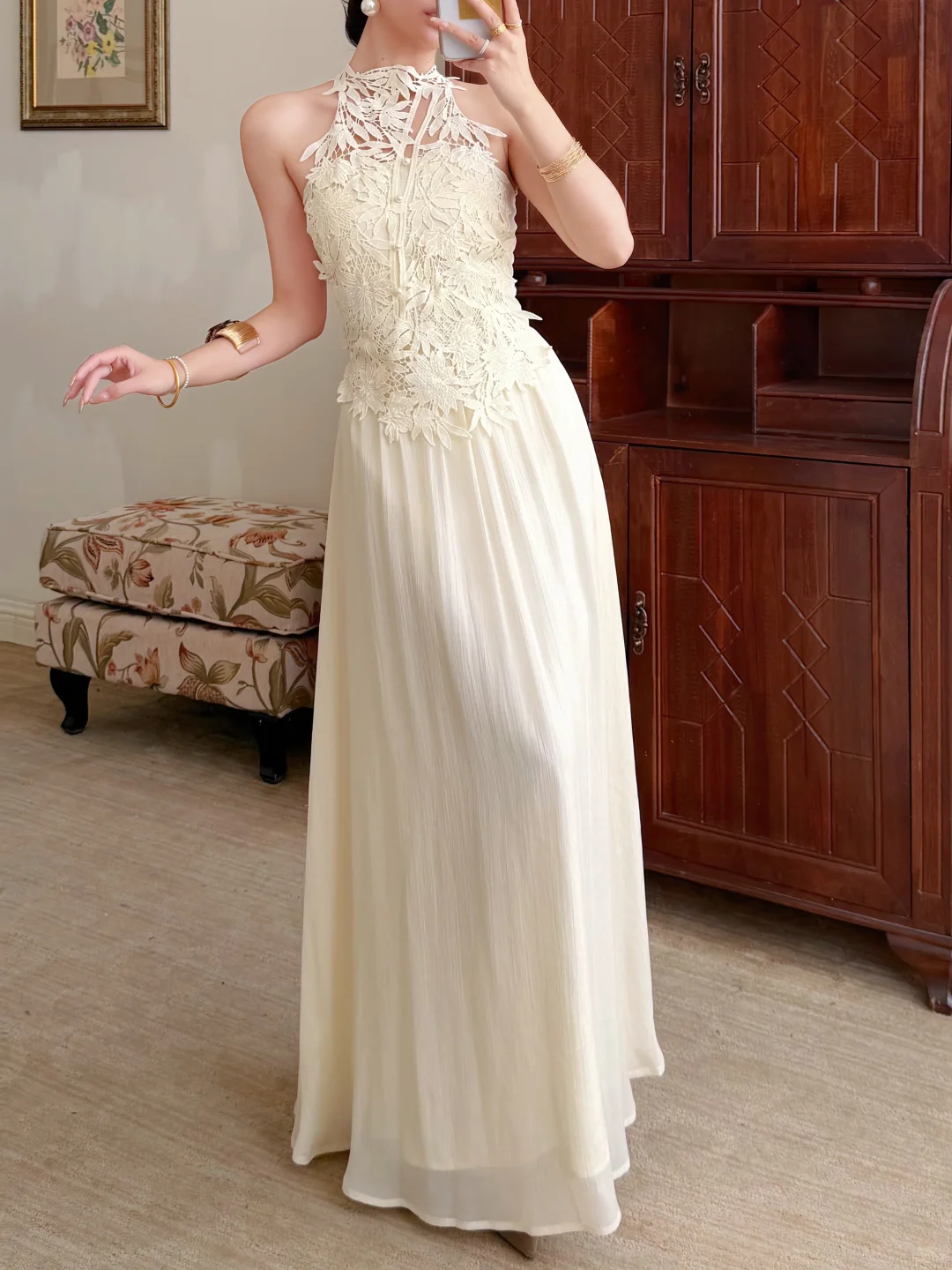 Elegant Ivory A Line Halter Lace Chiffon Long Prom Dress Evening Dress DP6463