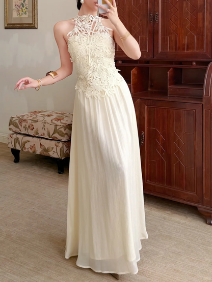 Elegant Ivory A Line Halter Lace Chiffon Long Prom Dress Evening Dress DP6463