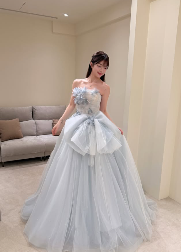 Elegant Light Blue A Line Strapless Floral Bow Tulle Prom Dress DP4708