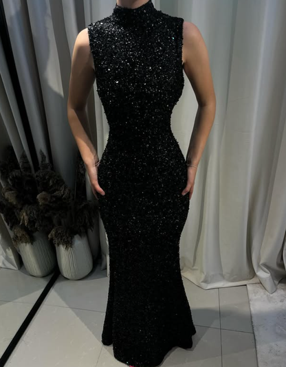 Sexy Mermaid High Neck Black Beaded Sequin Open Back Prom Dress Evening Dress DP3715