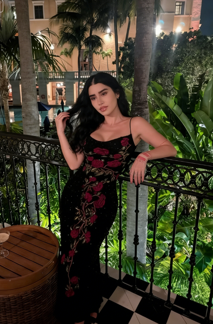 Sexy Black Sequin Sheath Spaghetti Strap Flower Embroidery Evening Dress Cocktail Dress DP3139