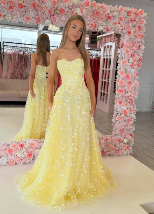 Pretty Yellow A Line Sweetheart Neck Applique Sequin Tulle Long Prom Dress Evening Dress DP6336