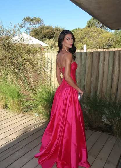 Pretty Hot Pink A Line Sweetheart Neck Satin Long Prom Dress Evening Dress DP6217