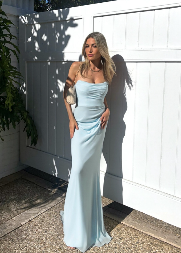 Summer Baby Blue Sheath Strapless Chiffon Long Prom Dress Evening Dress Date Dress DP6180
