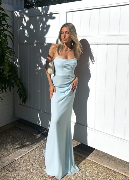 Summer Baby Blue Sheath Strapless Chiffon Long Prom Dress Evening Dress Date Dress DP6180
