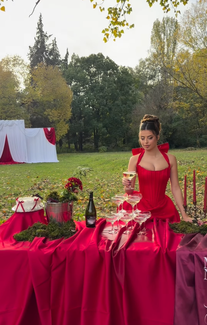 Red Ball Gown Halter Bow Satin Long Sweep Backless Prom Dress Birthday Party Dress DP4911