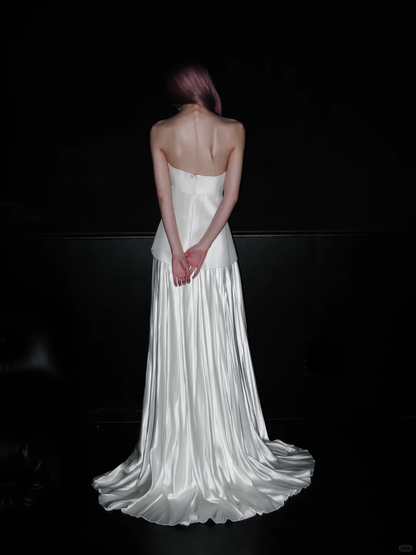 Unique White A Line Strapless Pleated Satin Long Wedding Dress DP5190