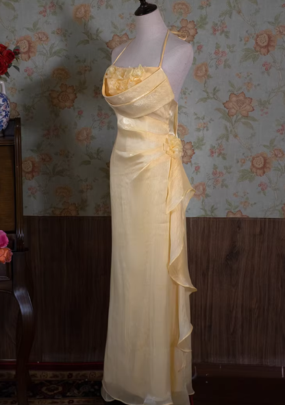 Pretty Yellow Mermaid Halter Floral Satin Long Prom Dress Outfits DP4697