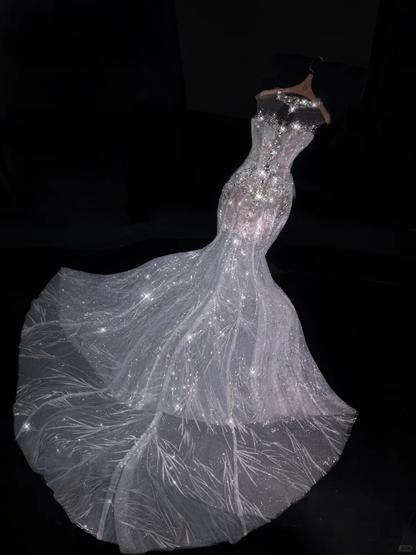 Gentle Round Neck Rhinestone Mermaid Sequin Tulle Prom Dress Evening Dress Party Dress DP2969
