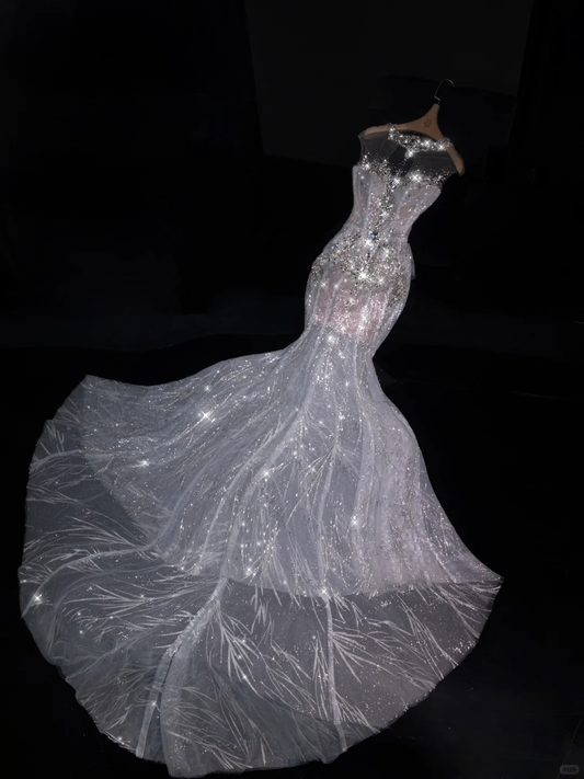Gentle Round Neck Rhinestone Mermaid Sequin Tulle Prom Dress Evening Dress Party Dress DP2969